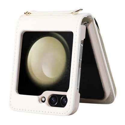 For Samsung Galaxy Z Flip5 5G Case Leather+PC Zipper Phone Cover with Wrist Strap