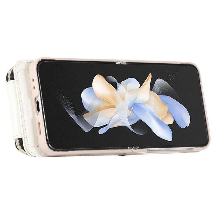 For Samsung Galaxy Z Flip5 5G Case Leather+PC Zipper Phone Cover with Wrist Strap