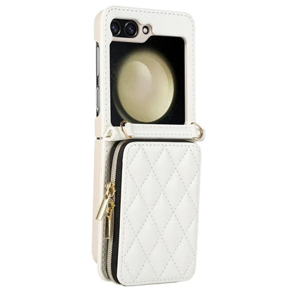 For Samsung Galaxy Z Flip5 5G Case Leather+PC Zipper Phone Cover with Wrist Strap