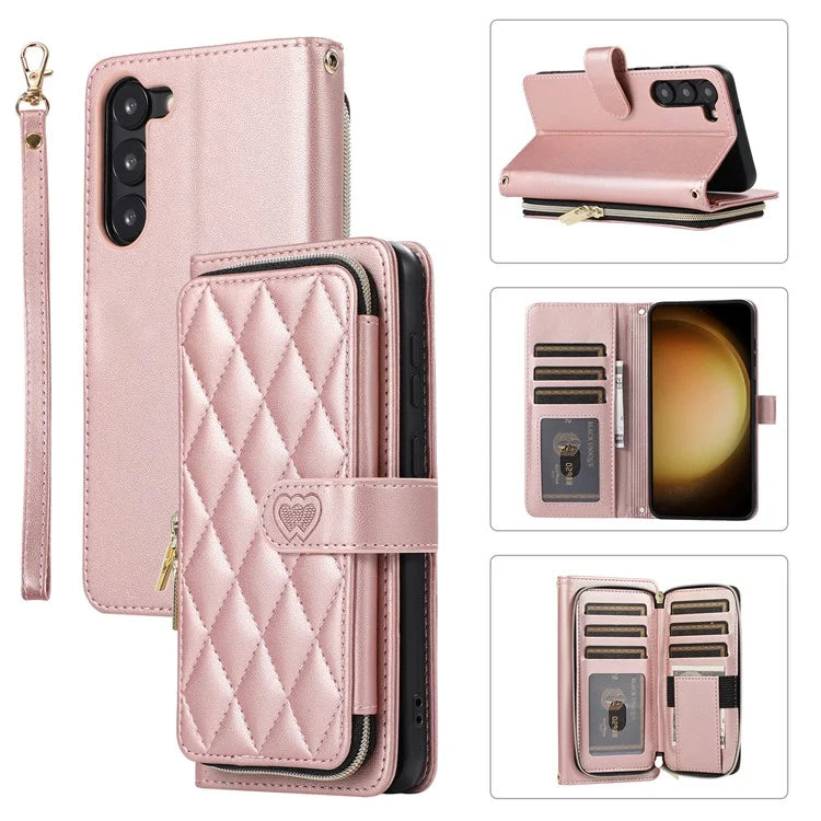 For Samsung Galaxy S23 Case Zipper Pocket Folio Leather Phone Cover with Wrist Strap