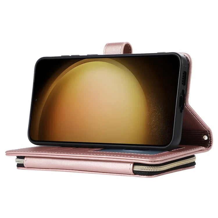 For Samsung Galaxy S23 Case Zipper Pocket Folio Leather Phone Cover with Wrist Strap