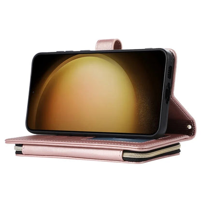 For Samsung Galaxy S23 Case Zipper Pocket Folio Leather Phone Cover with Wrist Strap