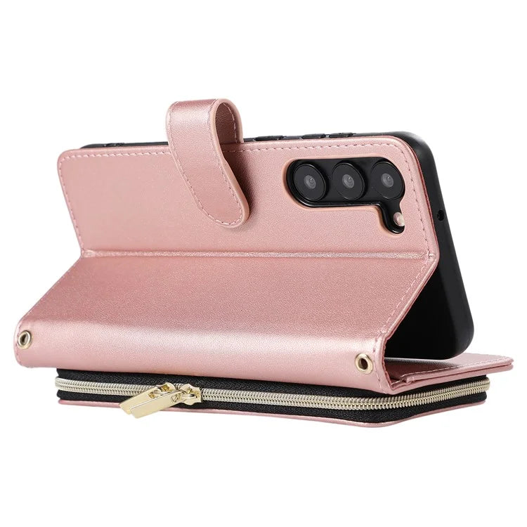 For Samsung Galaxy S23 Case Zipper Pocket Folio Leather Phone Cover with Wrist Strap