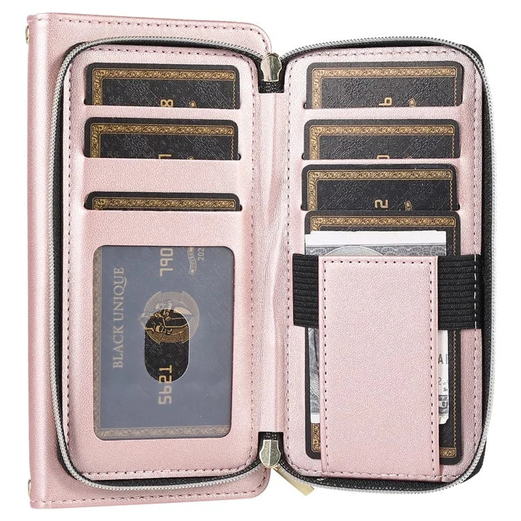 For Samsung Galaxy S23 Case Zipper Pocket Folio Leather Phone Cover with Wrist Strap