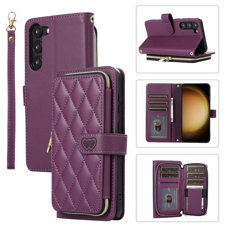 For Samsung Galaxy S23 Case Zipper Pocket Folio Leather Phone Cover with Wrist Strap