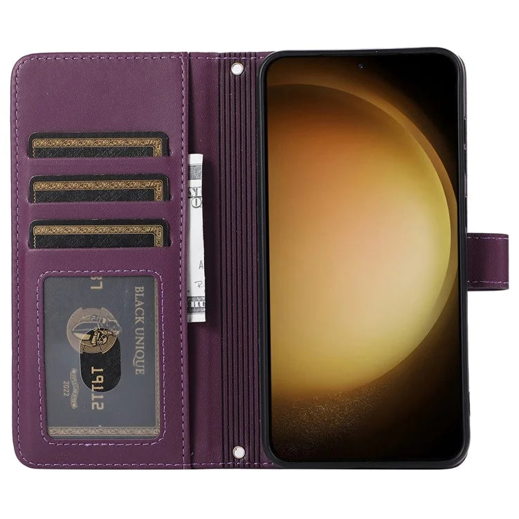 For Samsung Galaxy S23 Case Zipper Pocket Folio Leather Phone Cover with Wrist Strap