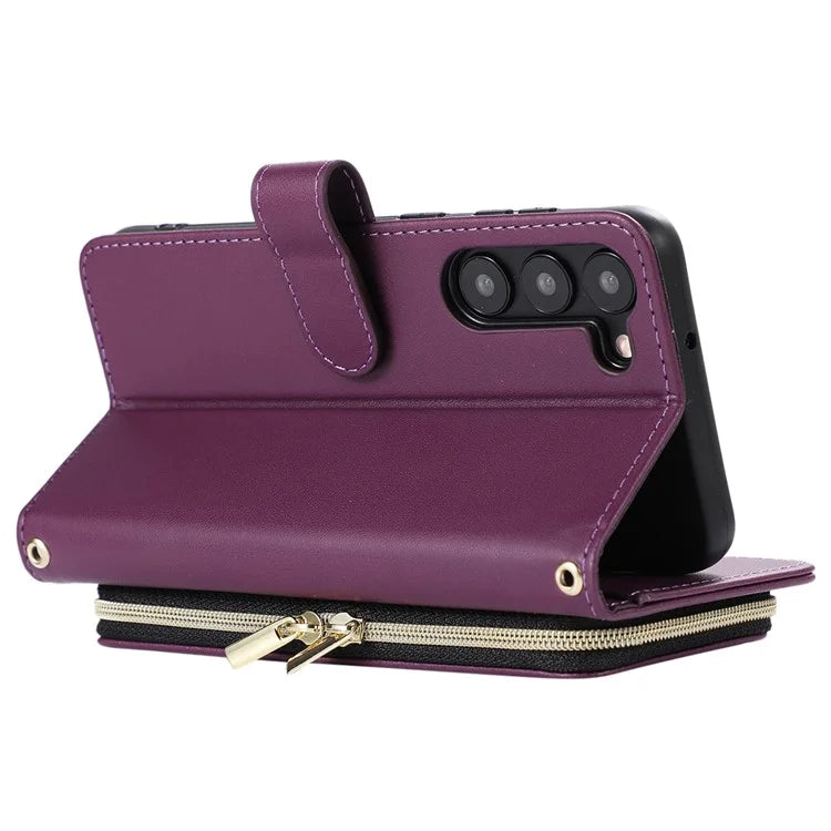 For Samsung Galaxy S23 Case Zipper Pocket Folio Leather Phone Cover with Wrist Strap