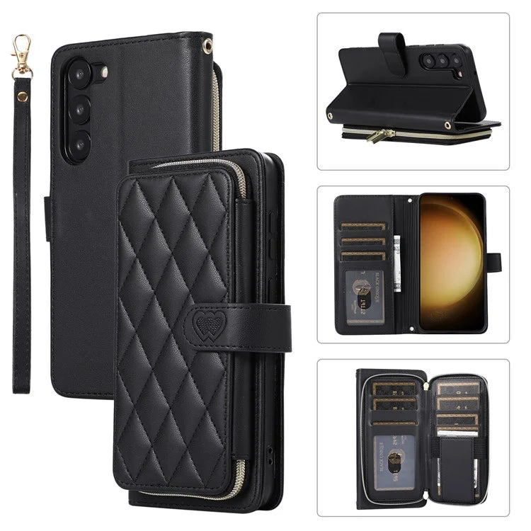 For Samsung Galaxy S23 Case Zipper Pocket Folio Leather Phone Cover with Wrist Strap