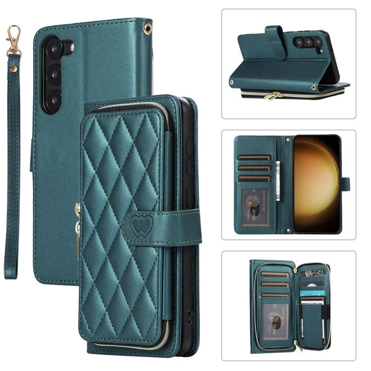 For Samsung Galaxy S23 Case Zipper Pocket Folio Leather Phone Cover with Wrist Strap