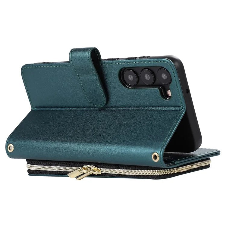 For Samsung Galaxy S23 Case Zipper Pocket Folio Leather Phone Cover with Wrist Strap