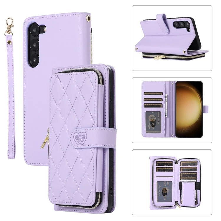 For Samsung Galaxy S23 Case Zipper Pocket Folio Leather Phone Cover with Wrist Strap