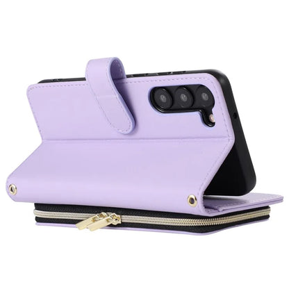 For Samsung Galaxy S23 Case Zipper Pocket Folio Leather Phone Cover with Wrist Strap
