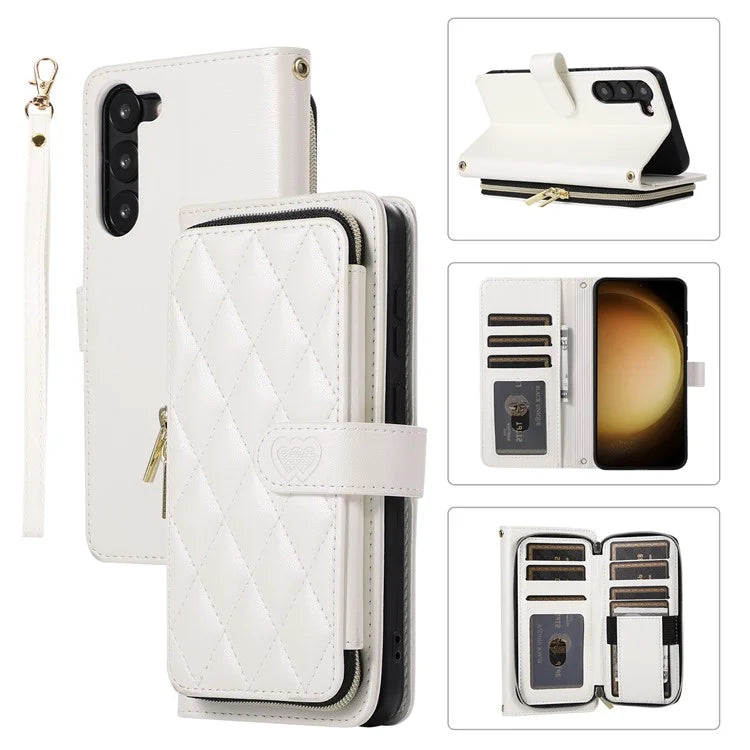 For Samsung Galaxy S23 Case Zipper Pocket Folio Leather Phone Cover with Wrist Strap