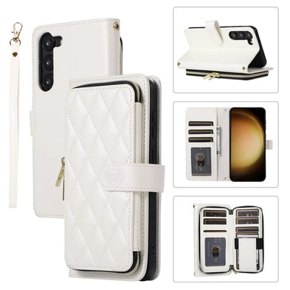 For Samsung Galaxy S23 Case Zipper Pocket Folio Leather Phone Cover with Wrist Strap