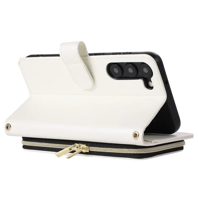 For Samsung Galaxy S23 Case Zipper Pocket Folio Leather Phone Cover with Wrist Strap