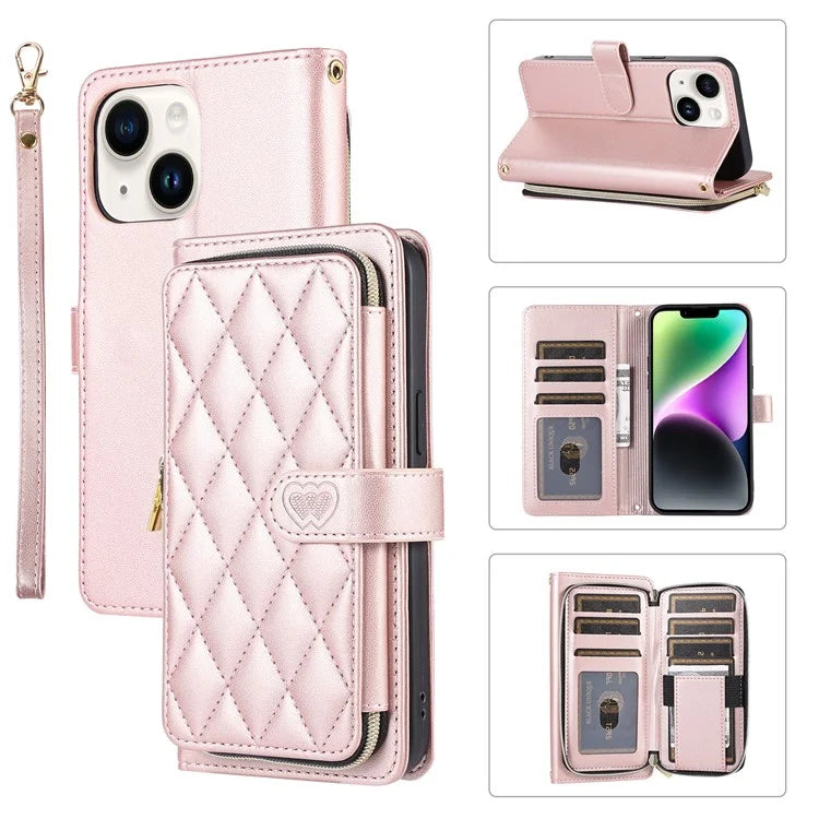 For iPhone 14 Case Leather Handbag Magnetic Closure Zipper Pocket Phone Cover