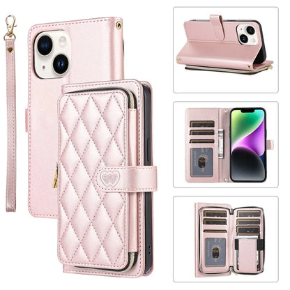 For iPhone 14 Case Leather Handbag Magnetic Closure Zipper Pocket Phone Cover