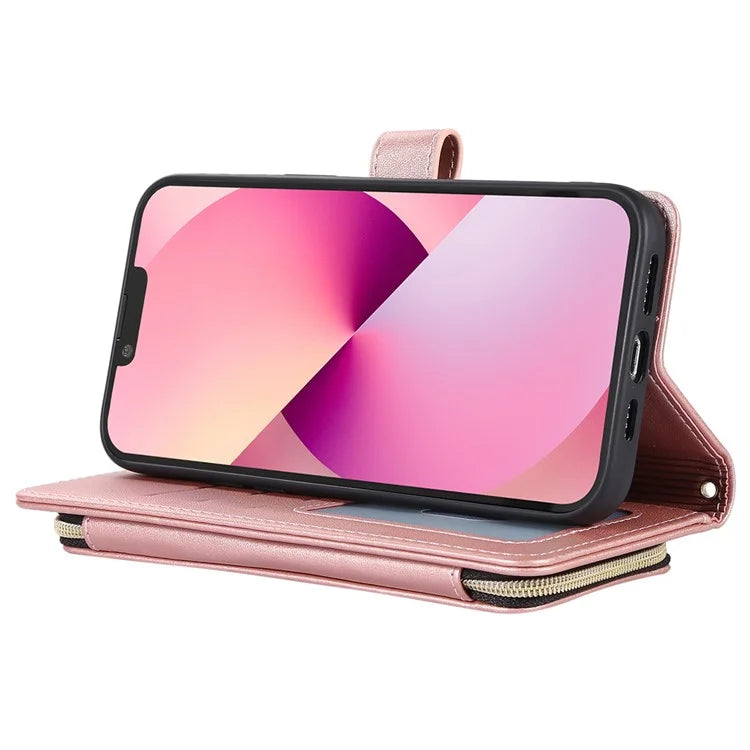 For iPhone 14 Case Leather Handbag Magnetic Closure Zipper Pocket Phone Cover