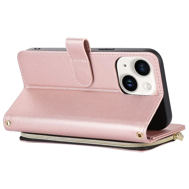 For iPhone 14 Case Leather Handbag Magnetic Closure Zipper Pocket Phone Cover