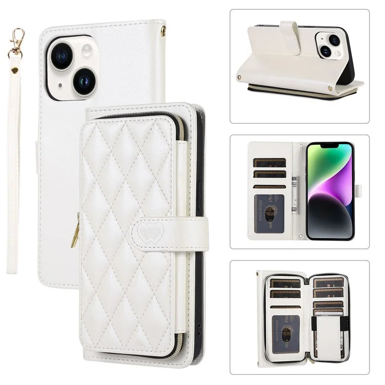 For iPhone 14 Case Leather Handbag Magnetic Closure Zipper Pocket Phone Cover