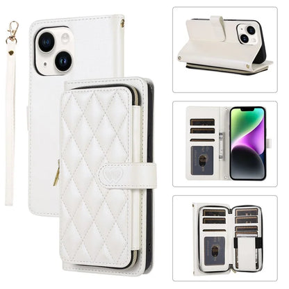 For iPhone 14 Case Leather Handbag Magnetic Closure Zipper Pocket Phone Cover