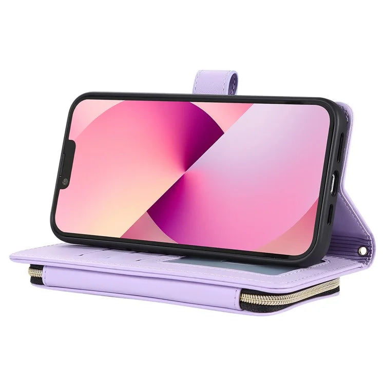For iPhone 14 Case Leather Handbag Magnetic Closure Zipper Pocket Phone Cover