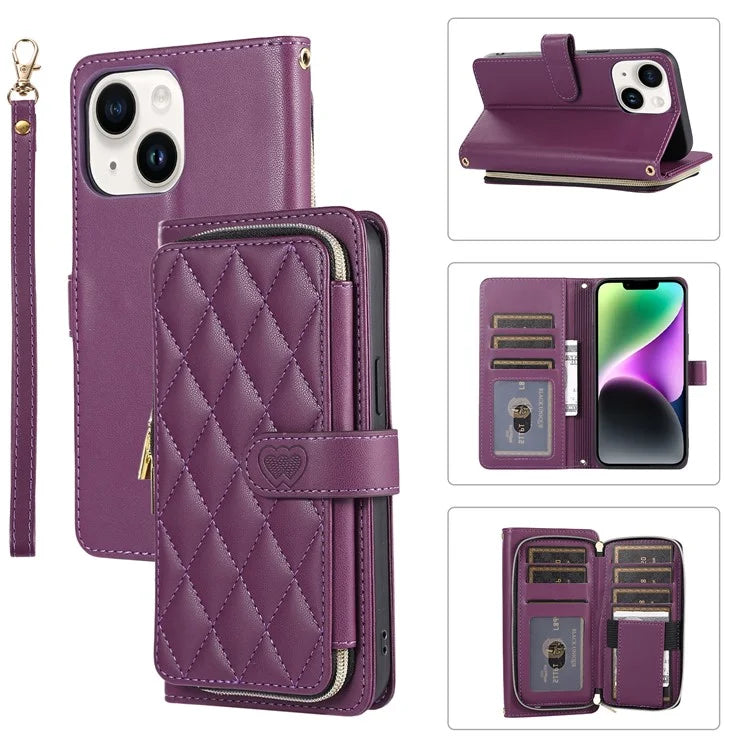 For iPhone 14 Case Leather Handbag Magnetic Closure Zipper Pocket Phone Cover