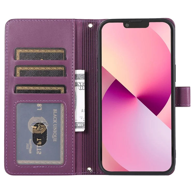 For iPhone 14 Case Leather Handbag Magnetic Closure Zipper Pocket Phone Cover