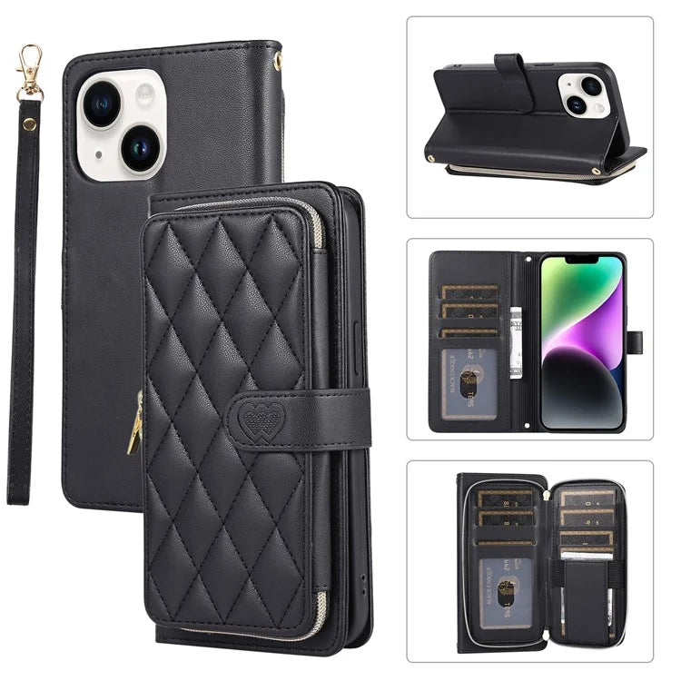 For iPhone 14 Case Leather Handbag Magnetic Closure Zipper Pocket Phone Cover