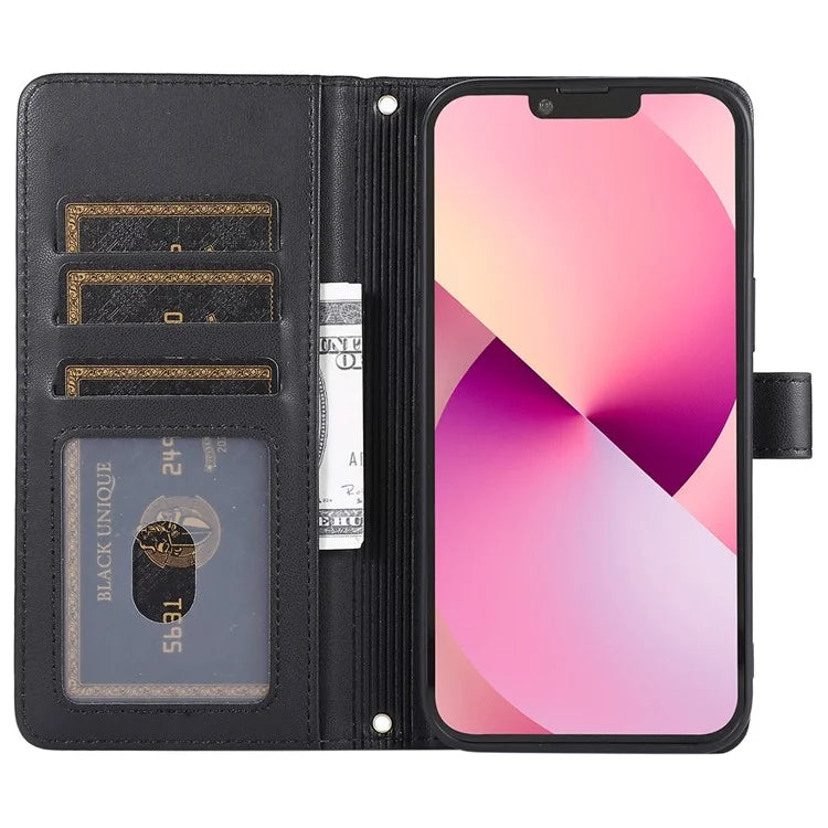 For iPhone 14 Case Leather Handbag Magnetic Closure Zipper Pocket Phone Cover