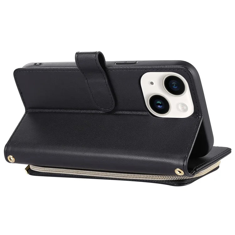 For iPhone 14 Case Leather Handbag Magnetic Closure Zipper Pocket Phone Cover