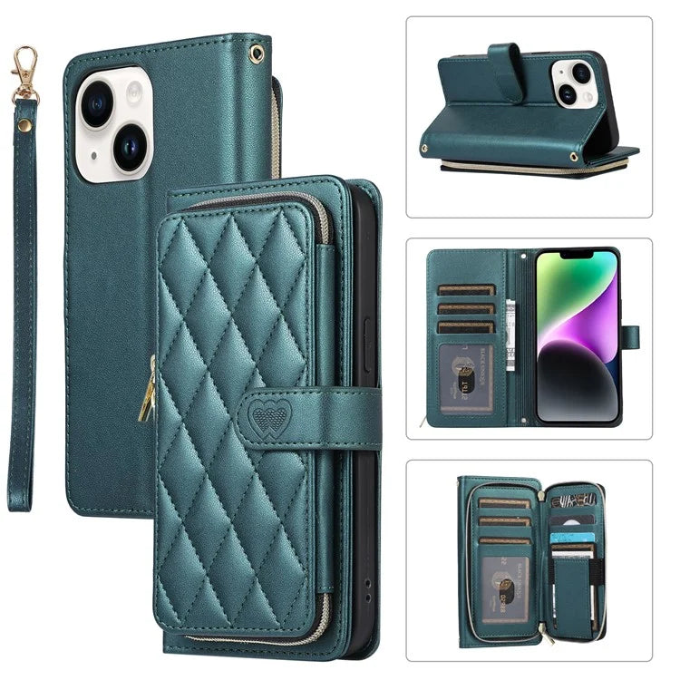For iPhone 14 Case Leather Handbag Magnetic Closure Zipper Pocket Phone Cover