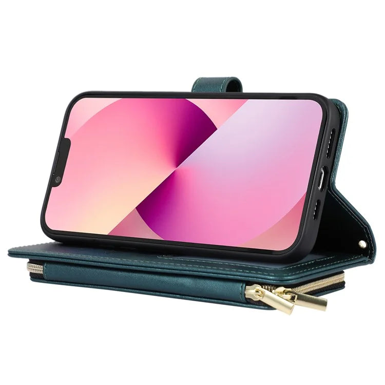 For iPhone 14 Case Leather Handbag Magnetic Closure Zipper Pocket Phone Cover