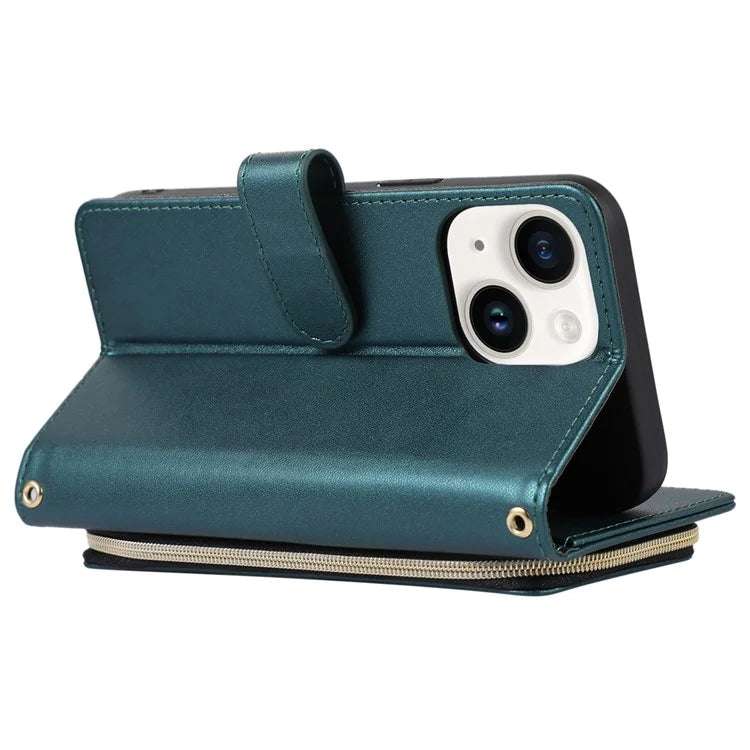 For iPhone 14 Case Leather Handbag Magnetic Closure Zipper Pocket Phone Cover