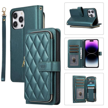 For iPhone 14 Pro Leather Wallet Case Zipper Pocket Full Protection Phone Cover with Hand Strap