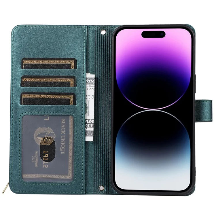 For iPhone 14 Pro Leather Wallet Case Zipper Pocket Full Protection Phone Cover with Hand Strap