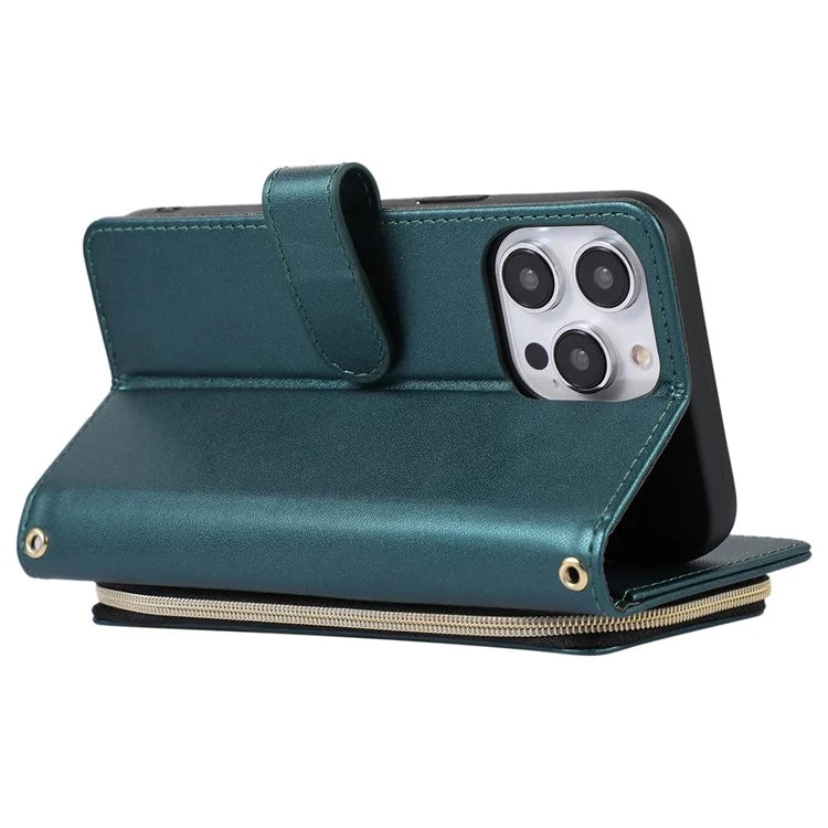 For iPhone 14 Pro Leather Wallet Case Zipper Pocket Full Protection Phone Cover with Hand Strap