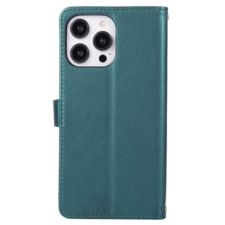 For iPhone 14 Pro Leather Wallet Case Zipper Pocket Full Protection Phone Cover with Hand Strap