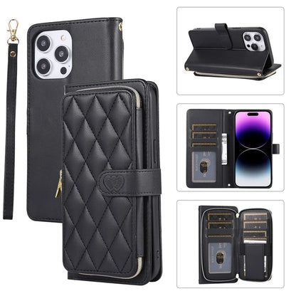 For iPhone 14 Pro Leather Wallet Case Zipper Pocket Full Protection Phone Cover with Hand Strap