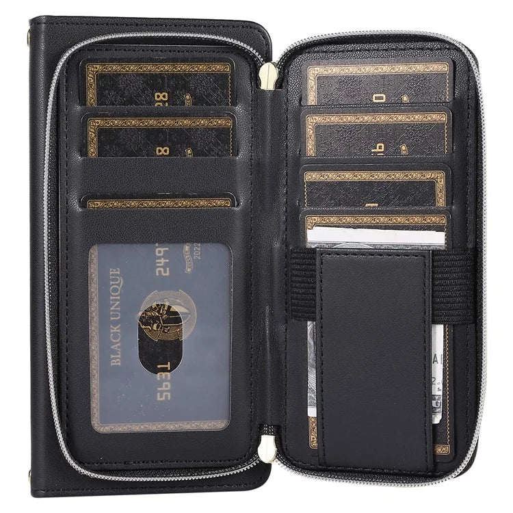 For iPhone 14 Pro Leather Wallet Case Zipper Pocket Full Protection Phone Cover with Hand Strap