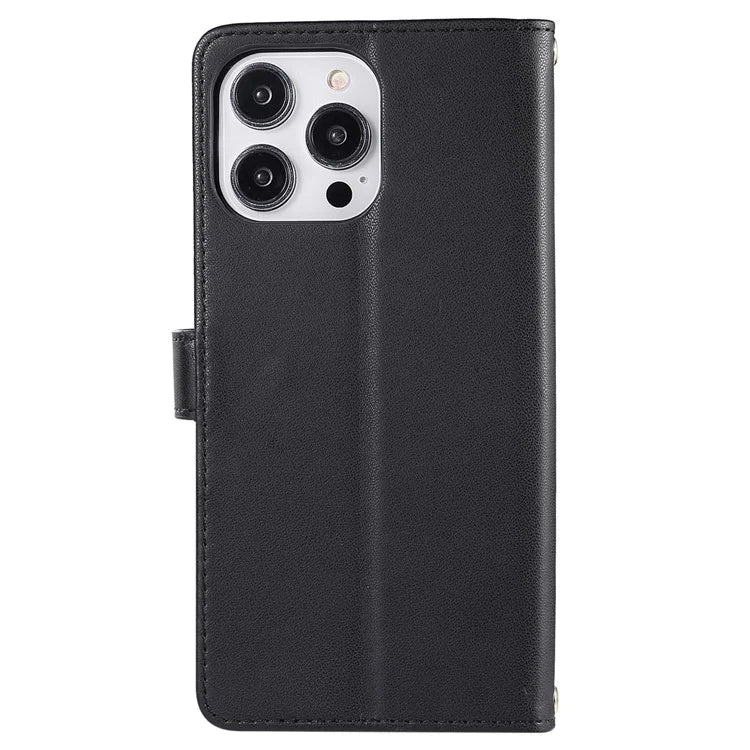 For iPhone 14 Pro Leather Wallet Case Zipper Pocket Full Protection Phone Cover with Hand Strap