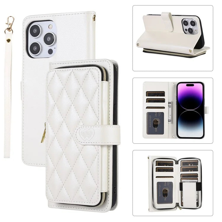 For iPhone 14 Pro Leather Wallet Case Zipper Pocket Full Protection Phone Cover with Hand Strap
