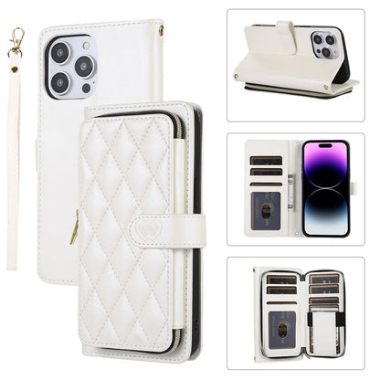 For iPhone 14 Pro Leather Wallet Case Zipper Pocket Full Protection Phone Cover with Hand Strap