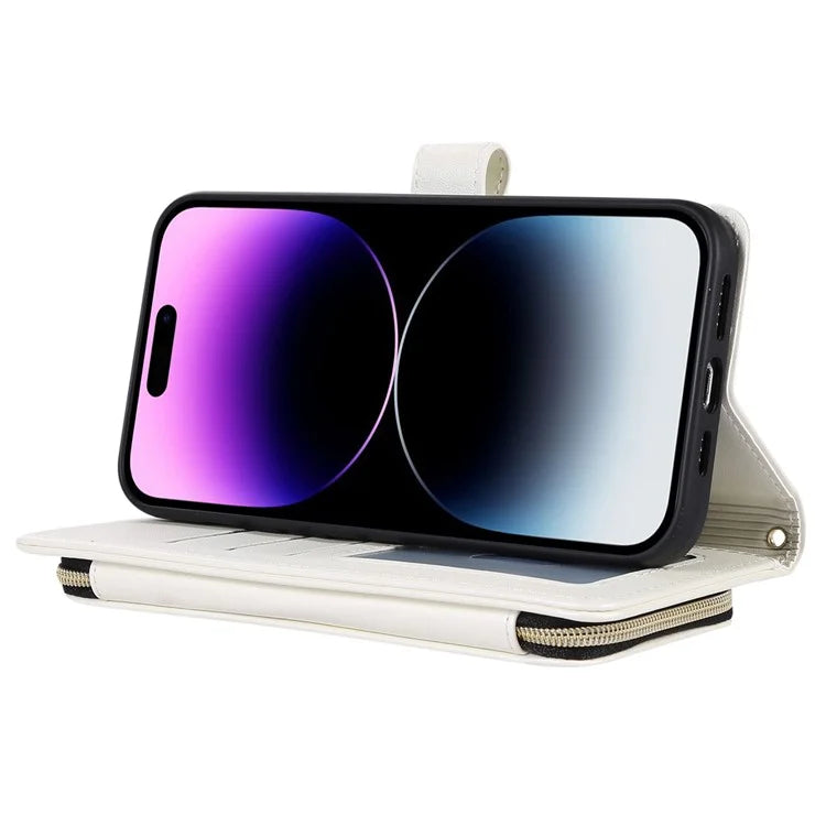 For iPhone 14 Pro Leather Wallet Case Zipper Pocket Full Protection Phone Cover with Hand Strap