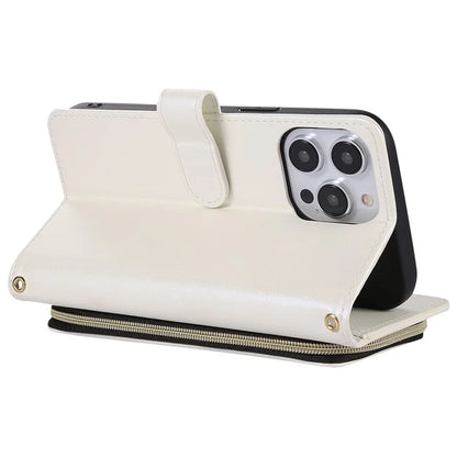 For iPhone 14 Pro Leather Wallet Case Zipper Pocket Full Protection Phone Cover with Hand Strap