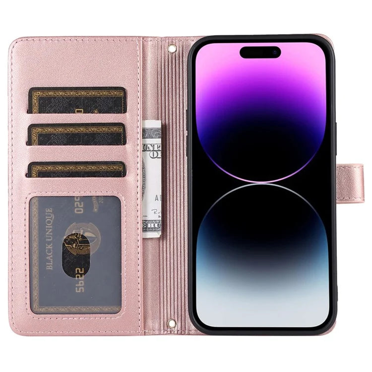 For iPhone 14 Pro Leather Wallet Case Zipper Pocket Full Protection Phone Cover with Hand Strap