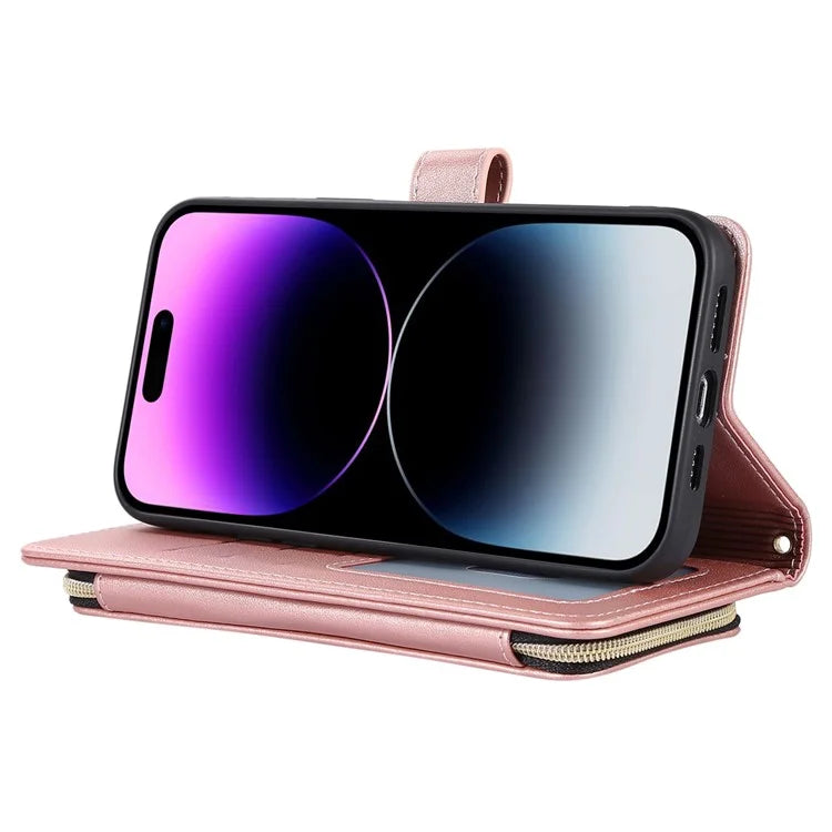 For iPhone 14 Pro Leather Wallet Case Zipper Pocket Full Protection Phone Cover with Hand Strap