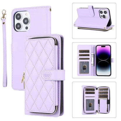 For iPhone 14 Pro Leather Wallet Case Zipper Pocket Full Protection Phone Cover with Hand Strap