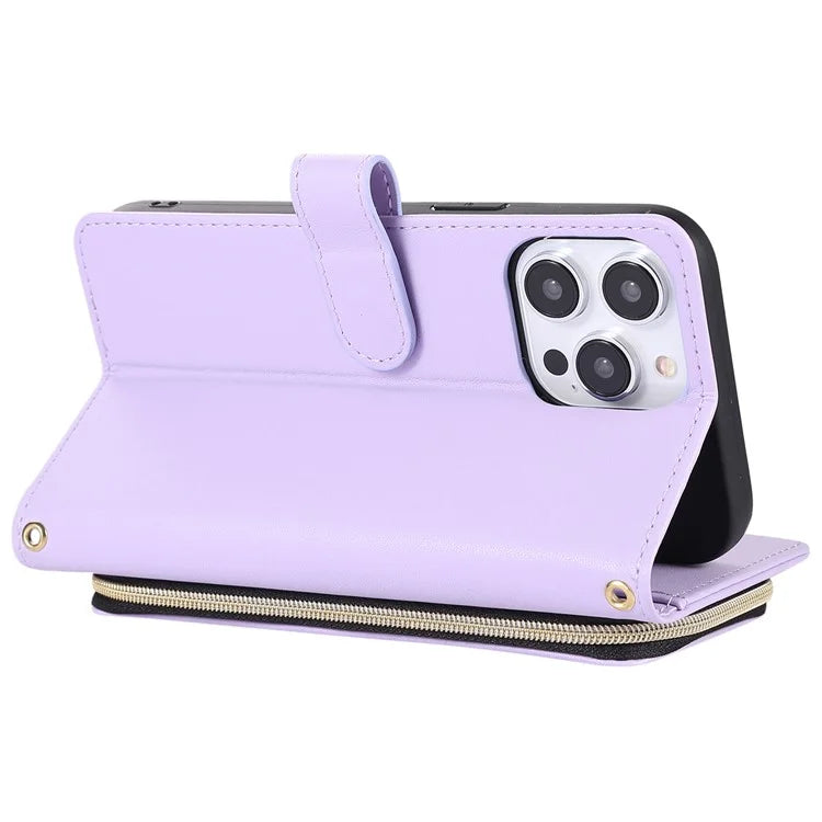 For iPhone 14 Pro Leather Wallet Case Zipper Pocket Full Protection Phone Cover with Hand Strap