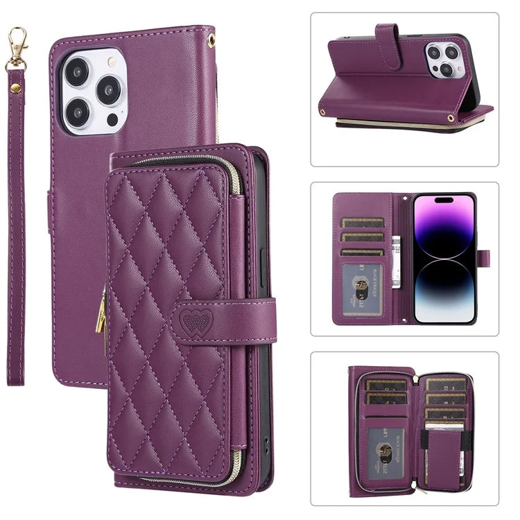 For iPhone 14 Pro Leather Wallet Case Zipper Pocket Full Protection Phone Cover with Hand Strap